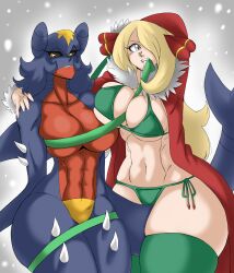 Rule 34 | 2girls, abs, absurdres, blonde hair, blue hair, blue skin, breasts, charge sol, christmas, christmas present, coat, colored skin, creatures (company), cynthia (pokemon), game freak, garchomp, gen 4 pokemon, gift, grey eyes, highres, huge breasts, long hair, looking at viewer, monster girl, multiple girls, navel, nintendo, pokemon, pokemon dppt, smile, tagme, teeth, thick thighs, thighhighs, thighs, yellow eyes