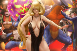 Rule 34 | 1girl, ace trainer (pokemon), alternate costume, bare arms, bare hips, bare shoulders, black dress, blonde hair, bracelet, breasts, brown eyes, center opening, character request, cleavage, closed mouth, collarbone, cosplay, cowboy shot, creatures (company), crowd, cynthia (pokemon), dated, dress, epic, evening gown, game freak, garchomp, gen 4 pokemon, gen 6 pokemon, hair over one eye, hand on own hip, heart, heart-shaped eyes, high ponytail, hiker (pokemon), jewelry, large breasts, limgae, long hair, looking at viewer, lucario, nail polish, navel, nintendo, outstretched arm, pancham, pancham (cosplay), pelvic curtain, poke fan (pokemon), pokemon, pokemon dppt, pokemon xy, red carpet, signature, sleeveless, sleeveless dress, smile, solo focus, spiritomb, thighs, togekiss, tourist (pokemon), very long hair, watermark, web address