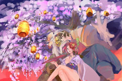 Rule 34 | 1 fps, 1boy, 1girl, mito anji, arc system works, baiken, blue eyes, breasts, cherry blossoms, cleavage, cup, festival, flower, foreshortening, glasses, guilty gear, hair flower, hair ornament, lantern, large breasts, legs, crossed legs, mask, mito anji, original, paper lantern, ponytail, red hair, sakazuki, scar, scar across eye, scar on face, sitting, smile