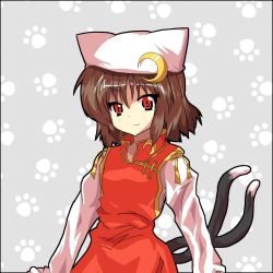 Rule 34 | 1girl, alphes (style), animal hat, brown hair, cat girl, cat hat, cat tail, crescent, crescent hair ornament, hair ornament, hat, mikazuki neko, mikazuki neko (character), multiple tails, original, parody, paw print, paw print background, red eyes, smile, solo, style parody, tail, two tails, upper body, virtual youtuber