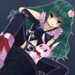 Rule 34 | 1girl, black gloves, black thighhighs, blue eyes, fingerless gloves, fishnets, flower, fork, gloves, green hair, hair flower, hair ornament, hase neet, knife, long hair, looking at viewer, navel, original, solo, stitched, stitches, stuffed animal, stuffed rabbit, stuffed toy, thighhighs, third-party edit, tongue, tongue out