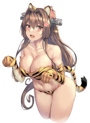 Rule 34 | 1girl, animal ear fluff, animal ears, animal print, bare shoulders, bikini, breasts, brown hair, chinese zodiac, cleavage, collarbone, cropped legs, elbow gloves, fangs, female focus, flower, gloves, grey background, hair flower, hair intakes, hair ornament, hands up, headgear, highres, kantai collection, kokuzou, large breasts, leaning forward, long hair, looking at viewer, navel, open mouth, paw pose, ponytail, print bikini, red hair, simple background, solo, strapless, strapless bikini, striped bikini, striped clothes, striped gloves, swimsuit, tail, tassel, thighs, tiger ears, tiger print, tiger stripes, tiger tail, very long hair, yamato (kancolle), year of the tiger