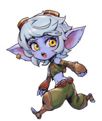 Rule 34 | 1girl, :o, bare shoulders, brown pants, explosive, fingerless gloves, from side, gloves, goggles, goggles on head, grenade, grey hair, league of legends, navel, pants, phantom ix row, pointy ears, running, simple background, solo, stomach, teeth, tongue, tristana, upper teeth only, white background, yellow eyes, yordle