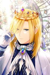Rule 34 | 1boy, ascot, bishounen, blonde hair, blue brooch, blue eyes, blue gemstone, blue shirt, cape, closed mouth, crown, expressionless, followers favorite challenge, gem, gloves, hair between eyes, hand in own hair, highres, long bangs, long hair, looking at viewer, male focus, multiple drawing challenge, nyhill m. heine, parted bangs, purple gemstone, ragnarok online, rii (orkaki r), shirt, solo, stained glass, upper body, white ascot, white cape, white gloves