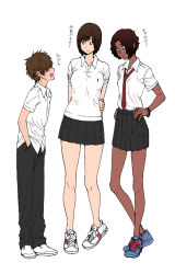 Rule 34 | 1boy, 2girls, :d, arms behind back, bracelet, brown hair, dark skin, full body, fumitan (humitan), hands in pockets, hands on own hips, height difference, jewelry, looking at another, miniskirt, multiple girls, necktie, no socks, open mouth, original, pleated skirt, school uniform, shoes, short hair, simple background, size difference, skirt, smile, sneakers, standing, translation request, white background