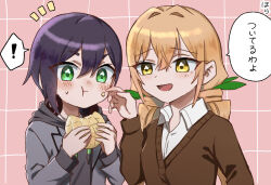 ! 2girls :d :t black_hair blush bread brown_jacket commentary_request eating eyes_visible_through_hair food food_on_face green_eyes grey_jacket grid_background hair_between_eyes hair_intakes haraga_kurumi headphones headphones_around_neck highres hiiro_(kiiro_ex) holding holding_food hood hood_down inda_karane jacket kimi_no_koto_ga_dai_dai_dai_dai_daisuki_na_100-nin_no_kanojo long_hair long_sleeves low_twintails melon_bread multiple_girls notice_lines open_mouth orange_hair pink_background shirt short_hair simple_background smile spoken_exclamation_mark translation_request twintails upper_body white_shirt wing_collar yellow_eyes