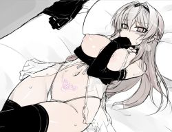 Rule 34 | 1girl, babydoll, bed, blush, breasts, elbow gloves, embarrassed, gloves, grey hair, heart, heart tattoo, highleg, highleg panties, large breasts, lilia (null), lingerie, long hair, looking at viewer, lying, monochrome, nightgown, nipples, null (nyanpyoun), original, panties, pillow, pointy ears, pubic tattoo, red eyes, sketch, solo, tattoo, thighhighs, underwear