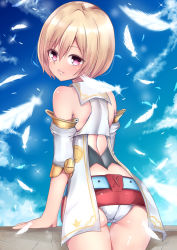 Rule 34 | 1girl, arm support, ashelia b&#039;nargin dalmasca, ass, bare shoulders, baretto (karasi07), belt, blonde hair, blue sky, cloud, commentary request, day, detached sleeves, feathers, final fantasy, final fantasy xii, from behind, hair between eyes, highres, looking at viewer, looking back, microskirt, miniskirt, outdoors, panties, pantyshot, parted lips, pink lips, red eyes, red skirt, short hair, side slit, skirt, sky, sleeveless, solo, standing, thigh gap, thighs, underwear, white panties