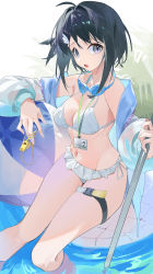Rule 34 | 1girl, arknights, ball, bare shoulders, beachball, bikini, black hair, blue jacket, breasts, grey eyes, groin, highres, jacket, la pluma (arknights), la pluma (summer flowers) (arknights), long sleeves, looking at viewer, medium breasts, navel, off shoulder, official alternate costume, omurice (304975636), open clothes, open jacket, open mouth, short hair, sitting, soaking feet, solo, stomach, swimsuit, thigh strap, thighs, white bikini
