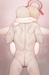 Rule 34 | 1boy, 1girl, absurdres, bad id, bad pixiv id, blonde hair, blue archive, completely nude, halo, heart, hetero, highres, marina (blue archive), mochirong, nude, pink background, sex, short hair, suspended congress, tagme