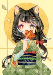 Rule 34 | 1girl, absurdres, animal ear fluff, animal ears, arm at side, black hair, bow, bright pupils, cat ears, commentary request, covered mouth, covering own mouth, flower-shaped pupils, green eyes, green kimono, hair bow, hair ornament, hairclip, hand up, heterochromia, highres, holding, holding leaf, japanese clothes, kimono, leaf, long hair, long sleeves, looking at viewer, lupin strawberry, maple leaf, obi, obiage, obijime, original, painting (medium), red bow, red eyes, sash, solo, standing, straight-on, symbol-shaped pupils, traditional media, upper body, watercolor (medium), white pupils