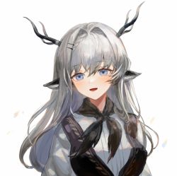 Rule 34 | 1girl, :d, alina (arknights), animal ears, antlers, arknights, black neckerchief, black vest, blue eyes, commentary, deer antlers, deer ears, deer girl, grey hair, hair intakes, hair ornament, hairclip, highres, horns, looking at viewer, neckerchief, open mouth, shirt, simple background, smile, solo, spacelongcat, upper body, vest, white background, white shirt