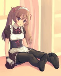 Rule 34 | 1girl, black pantyhose, breasts, brown eyes, brown hair, covered erect nipples, feet, gloves, kimarin, maid, medium breasts, original, pantyhose, solo, thighband pantyhose, twintails