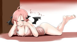 Rule 34 | 1girl, ahoge, ass, barefoot, bat wings, blush, bottomless, breasts, brown hair, downblouse, feet, female focus, full body, head wings, highres, hot, koakuma, large breasts, legs, long hair, lying, miki purasu, on stomach, one eye closed, red eyes, red hair, sleepy, solo, embodiment of scarlet devil, touhou, wings, wink