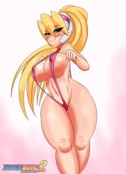 Rule 34 | 1girl, absurdres, alternate breast size, aqua eyes, blonde hair, blush, breasts, ciel (mega man), covered erect nipples, curvy, female focus, hair between eyes, headgear, heart, heart-shaped pupils, high ponytail, highres, large breasts, long hair, looking at viewer, mega man (series), mega man zero (series), midriff, navel, one-piece swimsuit, ponytail, purple one-piece swimsuit, slingshot swimsuit, smile, solo, swimsuit, symbol-shaped pupils, thick thighs, thighs, tumother, wide hips