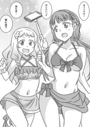 Rule 34 | 2girls, ?, ??, bare legs, bare shoulders, behind another, bikini, bikini skirt, blunt bangs, blush, braid, breasts, cellphone, collarbone, commentary, criss-cross halter, flower, french braid, frilled bikini, frills, front-tie bikini top, front-tie top, gradient hair, greyscale, hair flower, hair ornament, hair ribbon, half updo, halterneck, large breasts, long hair, love live!, love live! superstar!!, low twintails, marugoshi teppei, medium breasts, monochrome, multicolored hair, multiple girls, navel, onitsuka natsumi, open mouth, phone, ribbon, running, sakurakoji kinako, sandals, scrunchie, selfie stick, smile, sparkle background, speech bubble, stomach, sunlight, swimsuit, taking picture, translated, twin braids, twintails, underboob, wavy hair, wrist scrunchie