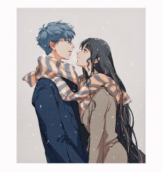 Rule 34 | 1boy, 1girl, amidura, black hair, blue coat, blue hair, blue scarf, border, brown coat, closed mouth, coat, cowboy shot, fate/grand order, fate (series), glasses, grey background, hans christian andersen (adult) (fate), hans christian andersen (fate), long hair, long sleeves, multicolored hair, parted lips, pink hair, scarf, sessyoin kiara, short hair, simple background, smile, snowing, streaked hair, striped clothes, striped scarf, two-tone scarf, vertical-striped clothes, vertical-striped scarf, very long hair, white border, yellow eyes, yellow scarf