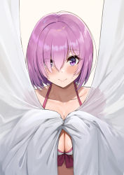 1girl, ayul (ayulneri 92), bangs, bare shoulders, bikini, blush, breasts, cleavage, collarbone, curtains, eyebrows visible through hair, fate/grand order, fate (series), hair between eyes, hair over one eye, halter top, halterneck, highres, large breasts, light purple hair, looking at viewer, mash kyrielight, purple eyes, shiny, shiny hair, smile, solo, sweatdrop, swimsuit, white bikini