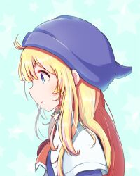 Rule 34 | 1girl, blonde hair, blue background, blue eyes, blue headwear, blue robe, capelet, closed mouth, from side, highres, jazz grace, looking ahead, profile, puyopuyo, red ribbon, ribbon, robe, smile, solo, star (symbol), starry background, upper body, white capelet, witch (puyopuyo)