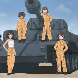 Rule 34 | 10s, 4girls, :d, akagi (fmttps), arm support, black footwear, blue eyes, blue sky, brown eyes, brown hair, closed eyes, closed mouth, clothes around waist, cloud, cloudy sky, commentary request, dark-skinned female, dark skin, day, emblem, freckles, girls und panzer, gloves, green eyes, hand on own hip, hands on own hips, hoshino (girls und panzer), jumpsuit, leopon (animal), light smile, long sleeves, looking at viewer, mechanic, military, military vehicle, motor vehicle, multiple girls, nakajima (girls und panzer), open mouth, orange jumpsuit, shadow, shirt, shoes, short hair, sitting, sky, smile, standing, suzuki (girls und panzer), tank, tank top, tied shirt, tiger (p), tsuchiya (girls und panzer), twitter username, uniform, white gloves, white shirt