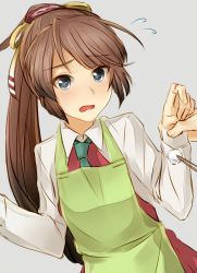 Rule 34 | 10s, 1girl, apron, bad id, bad pixiv id, blood, blouse, blue eyes, blush, brown hair, cotton ball, dress, flying sweatdrops, hair ornament, hair ribbon, holding another&#039;s wrist, injury, kantai collection, kazagumo (kancolle), long hair, looking at viewer, necktie, open mouth, pallad, ponytail, ribbon, school uniform, shirt, simple background, sleeveless, sleeveless dress, solo focus, tsurime, white shirt
