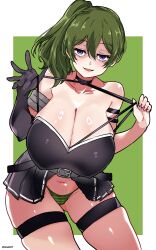 Rule 34 | 1girl, :d, absurdres, aiuti, alternate breast size, bare shoulders, belt, black gloves, blush, breasts, camel, cleavage, elbow gloves, gloves, green hair, highres, large breasts, long hair, looking at viewer, open mouth, panties, purple eyes, side ponytail, single glove, skindentation, skirt, smile, solo, sousou no frieren, striped clothes, striped panties, thigh strap, ubel (sousou no frieren), underwear