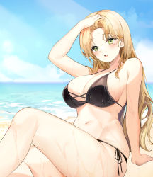 Rule 34 | 1girl, arm support, arm up, beach, bikini, black bikini, blonde hair, blush, breasts, commission, day, dripping, green eyes, halterneck, hand on own head, highres, horizon, knee up, large breasts, lillly, long hair, looking at viewer, mole, mole under eye, navel, ocean, on ground, open mouth, original, outdoors, parted bangs, side-tie bikini bottom, sitting, skindentation, string bikini, swimsuit, wet