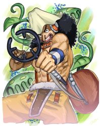 Rule 34 | 1boy, afro, black hair, commentary request, fujitachobi, highres, long nose, looking at viewer, male focus, muscular, muscular male, one piece, slingshot (weapon), smile, solo, teeth, usopp, weapon