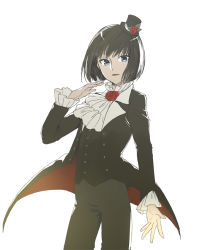 Rule 34 | 10s, 1boy, black hair, blue eyes, bob cut, coat, ascot, flower, formal, hat, idol, idolmaster, idolmaster side-m, kagura rei, male focus, mini hat, mini top hat, open clothes, open coat, outstretched hand, rose, short hair, simple background, smile, suit, top hat
