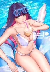 Rule 34 | 1girl, artist name, bikini, blue hair, blunt bangs, breasts, bubble tea, colored inner hair, drink, drinking, drinking straw, drinking straw in mouth, eyewear on head, holding, holding drink, large breasts, long hair, looking at viewer, multicolored hair, mystra77, navel, object on breast, outdoors, panty &amp; stocking with garterbelt, patreon logo, patreon username, pink hair, solo, stocking (psg), swimsuit, two-tone hair