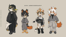 Rule 34 | 1girl, 2023, 3boys, aak (arknights), accessories, anniversary, arknights, artist name, boots, brown background, chibi, closed eyes, dragon boy, fangs, fins, fish boy, fish tail, furry, furry female, furry male, furry with furry, hair over one eye, highres, horns, hung (arknights), kuroblood, lee (arknights), looking at viewer, looking to the side, multiple boys, mythological creature, simple background, single horn, smile, sunglasses, tail, tiger stripes, tiger tail, tongue, tongue out, waai fu (arknights), watch, wristwatch