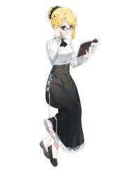 Rule 34 | 1girl, absurdres, ascot, bespectacled, black ascot, black footwear, black nails, black skirt, blonde hair, book, breasts, brown eyes, chinese commentary, commission, glasses, hair bun, hanyaka, highres, holding, holding book, long skirt, looking down, medium breasts, nail polish, nijisanji, nox (vtuber), nox official, reading, second-party source, skirt, smile, solo, sparkle hair ornament, transparent background, virtual youtuber, virtuareal, white background
