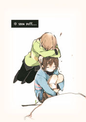 Rule 34 | androgynous, arm rest, bandaid, bandaid on face, black footwear, black hair, black pants, blue shorts, boots, brown footwear, brown hair, chara (undertale), comic, english text, floating, frisk (undertale), gender request, head rest, hugging own legs, injury, long sleeves, mii (chibinomi), pants, red eyes, scratches, shirt, shorts, smile, snow, spoilers, stick, striped clothes, striped shirt, sweater, undertale, wet, wet hair