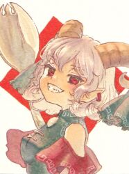 Rule 34 | 1girl, blue ribbon, breasts, commentary, curled horns, earrings, grey hair, horn ornament, horn ribbon, horns, jewelry, looking at viewer, medium breasts, pointy ears, rectangular pupils, red eyes, ribbon, sasa6666s, short hair, smile, solo, spork, touhou, toutetsu yuuma, upper body