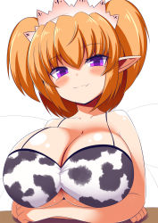 Rule 34 | 1girl, alternate breast size, bikini, breasts, fairy, fairy wings, gero zoukin, highres, large breasts, oppai loli, orange hair, pointy ears, purple eyes, short hair, solo, sunny milk, swimsuit, touhou, twintails, white background, wings