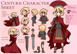 Rule 34 | 1girl, absurdres, armor, black eyes, brown footwear, brown gloves, centurii-chan, centurii-chan (artist), character name, character sheet, cloak, expressions, gladius, gloves, greco-roman clothes, headband, highres, holding, holding sword, holding weapon, open mouth, original, plume, red cloak, red eyes, red tunic, roman clothes, sandals, sheath, solid circle pupils, sword, tunic, weapon