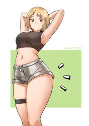 Rule 34 | 1girl, armpits, arms behind head, blonde hair, breasts, crop top, curvy, dated, girls&#039; frontline, highres, legband, medium breasts, midriff, mp40 (girls&#039; frontline), navel, short hair, short shorts, shorts, simple background, skindentation, solo, sports bra, standing, thick thighs, thigh strap, thighs, triangle bullet, yellow eyes