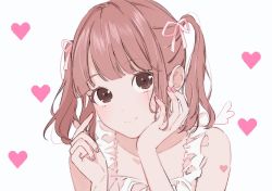 Rule 34 | 1girl, blush, brown eyes, brown hair, hair ribbon, hands up, heart, highres, looking at viewer, nail polish, original, pink nails, pink ribbon, ribbon, sako (35s 00), shadow, simple background, smile, solo, twintails, white background