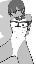 Rule 34 | 1boy, 1girl, angry, ass, breasts, collar, collarbone, copyright request, greyscale, jitome, lvi, monochrome, navel, nipples, one-piece swimsuit, one-piece tan, shibari, short hair, small breasts, solo, spread legs, swimsuit, tan, tanline