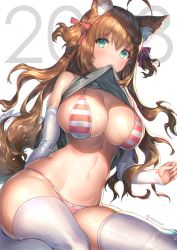 Rule 34 | 1girl, animal ears, bikini, breasts, brown hair, cat ears, clothes lift, commentary request, detached sleeves, dog ears, green eyes, large breasts, long hair, original, sencha (senchat), shirt lift, striped bikini, striped clothes, swimsuit, thighhighs, white thighhighs