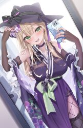 Rule 34 | 0707 una, 1girl, absurdres, bare shoulders, blonde hair, blush, breasts, cellphone, choker, commentary request, dress, earrings, elbow gloves, gloves, green eyes, hair ornament, highres, holding, holding phone, jewelry, kurumi noah, large breasts, looking at viewer, open mouth, phone, purple dress, purple headwear, revision, selfie, smartphone, solo, thighhighs, virtual youtuber, vspo!