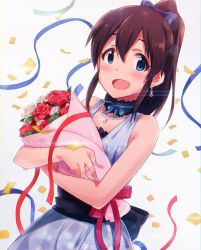 Rule 34 | 10s, 1girl, blue eyes, bouquet, flower, h@ll, idolmaster, idolmaster million live!, jewelry, necklace, open mouth, ponytail, satake minako, smile, solo