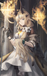 Rule 34 | 1girl, arknights, black gloves, blonde hair, blunt bangs, closed mouth, commentary request, cowboy shot, diamond-shaped pupils, diamond (shape), dragon girl, dragon horns, dragon tail, dress, expressionless, flame-tipped tail, flower, gloves, green eyes, grey jacket, hand up, highres, holding, holding staff, horns, infection monitor (arknights), jacket, light in heart, long hair, looking at viewer, moose (moosu193), off shoulder, reed (arknights), reed the flame shadow (arknights), single glove, solo, staff, symbol-shaped pupils, tail, turtleneck, very long hair, white dress, white flower
