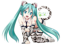Rule 34 | 1girl, animal ears, aqua eyes, aqua hair, bare shoulders, collar, detached sleeves, fang, hatsune miku, headphones, katorifuta, long hair, necktie, open mouth, paw pose, solo, tail, thighhighs, tiger ears, tiger tail, twintails, very long hair, vocaloid, zoneflower
