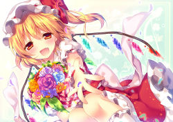 Rule 34 | 1girl, blonde hair, blush, bouquet, bow, dress, fang, flandre scarlet, flower, hat, hat bow, looking at viewer, mob cap, open mouth, outstretched hand, petals, puffy short sleeves, puffy sleeves, red dress, red eyes, riichu, sash, shirt, short sleeves, side ponytail, smile, solo, touhou, wings, wrist cuffs