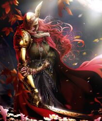 Rule 34 | 1girl, absurdres, armor, billowing cape, brown dress, cape, covered eyes, dress, ediptus, elden ring, falling leaves, flower, fur collar, gold armor, golden sword, hair flowing over, hand on own elbow, helmet, helmet over eyes, highres, holding, holding sword, holding weapon, katana, leaf, lily (flower), long hair, malenia blade of miquella, metal belt, multiple scars, prosthesis, prosthetic arm, red cape, red hair, scar, scar on arm, scar on hand, sword, valkyrie, weapon, winged helmet