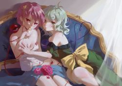 Rule 34 | 2girls, blue skirt, blush, bow, chinese commentary, closed mouth, commentary request, covered erect nipples, eyeball, green eyes, guozimiao, hair ornament, heart, heart hair ornament, heart of string, highres, komeiji koishi, komeiji satori, light green hair, lips, looking at viewer, medium hair, messy hair, mouth hold, multiple girls, no headwear, nose, off shoulder, pink hair, red eyes, shirt, short hair, siblings, sisters, skirt, third eye, touhou, wavy hair, white shirt, yellow bow
