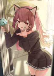 Rule 34 | 1girl, absurdres, animal ears, black dress, breasts, cat ears, commentary, commission, cowboy shot, dress, english commentary, fake animal ears, food, food on face, frilled dress, frills, hairband, highres, holding, ice cream, ice cream cone, indoors, kouki (chancegak), long sleeves, looking at viewer, medium breasts, mint, nail polish, original, plant, potted plant, red eyes, red hair, red nails, solo, standing, twintails, wiping face