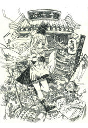 Rule 34 | 1girl, absurdres, armor, banner, flower, full body, highres, japanese armor, lan chuan huo dao, lantern, long hair, monochrome, mononobe no futo, non-web source, pagoda, paper lantern, skeleton, spider lily, touhou, traditional media, translation request