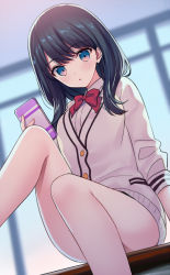 Rule 34 | 10s, 1girl, black hair, blue eyes, bow, bowtie, cardigan, cellphone, commentary request, gridman universe, holding, holding phone, indoors, legs, long sleeves, looking at viewer, phone, red bow, red bowtie, shirt, short hair, sitting, solo, ssss.gridman, takarada rikka, thighs, white cardigan, white shirt, yuuki rika